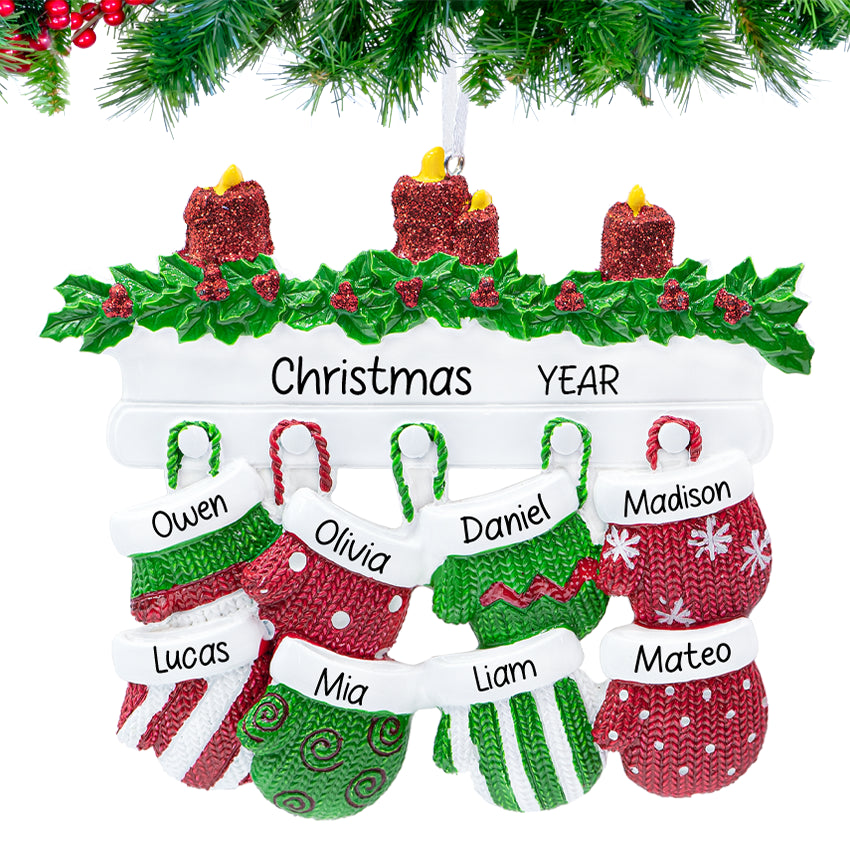 Personalized Mitten Family of 8 Christmas Ornament