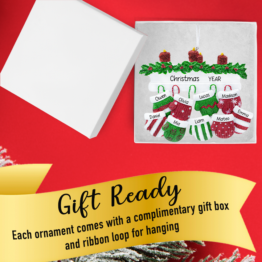 Personalized Mitten Family of 9 Christmas Ornament