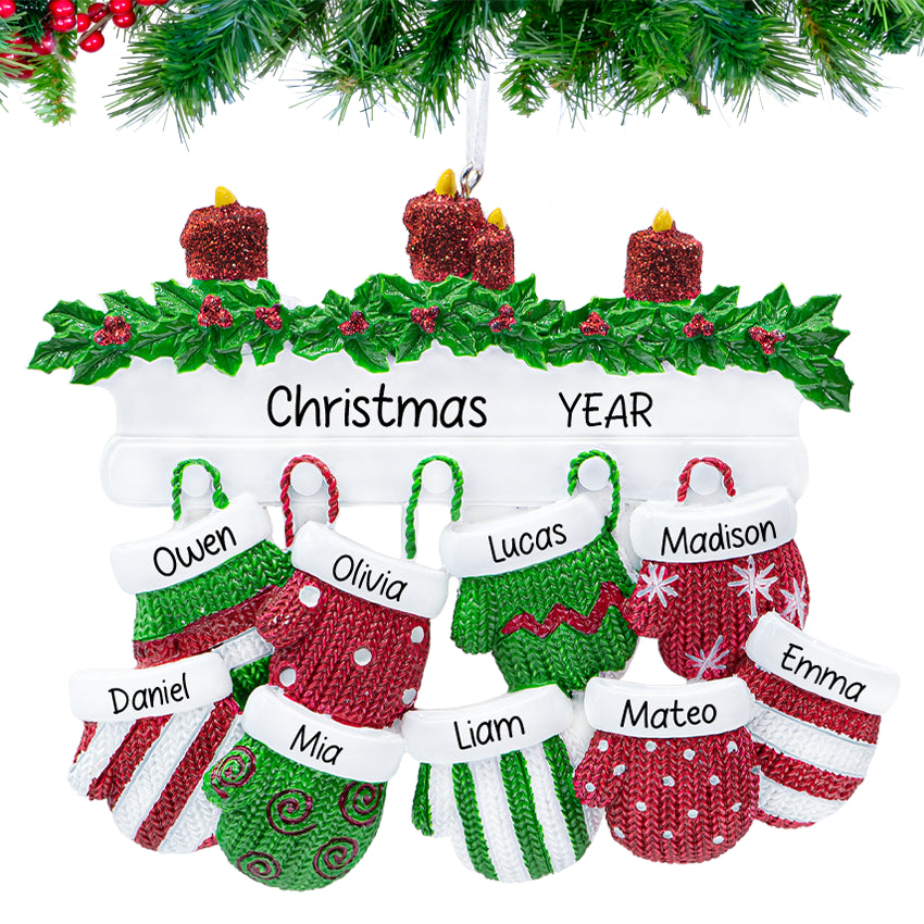 Personalized Mitten Family of 9 Christmas Ornament