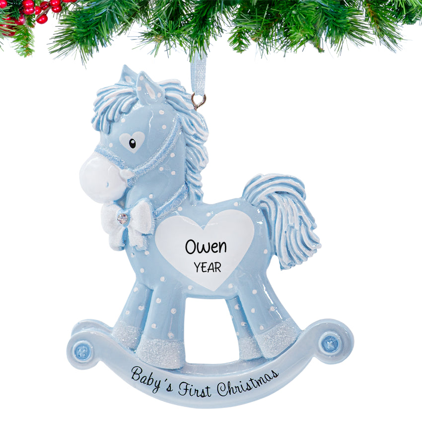 Baby's first Christmas boy
rocking horse ornament, a precious keepsake for celebrating her Noel.
