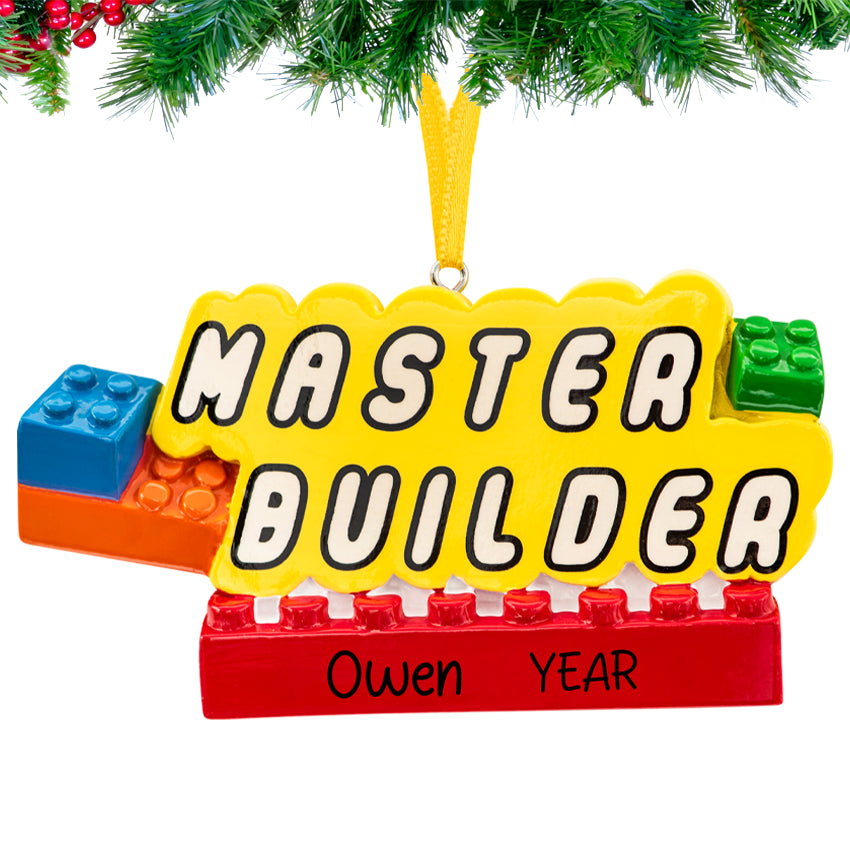 Personalized Master Builder ornament with stacked colorful bricks and hand‑lettered name 2025