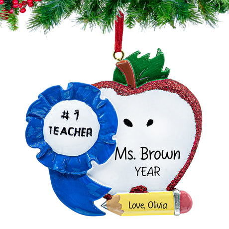 Hand‑lettered teacher’s name and year on Personalized #1 Teacher Christmas Ornament