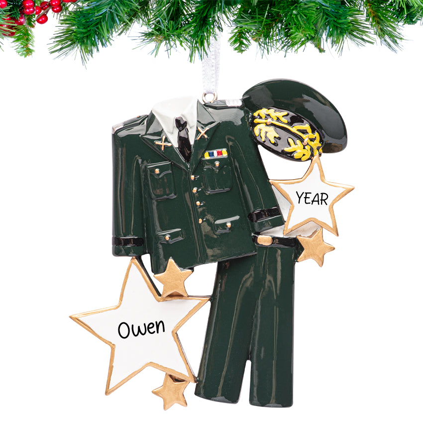 Personalized Christmas ornament army uniform design, perfect for honoring military service. Customizable with a name or rank, making it a special holiday keepsake.