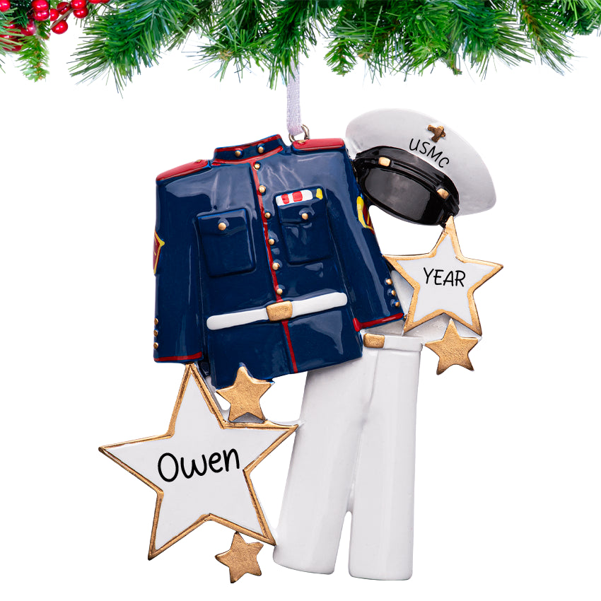 Personalized Marine uniform ornament with hand‑lettered name, rank, and 2025 tag