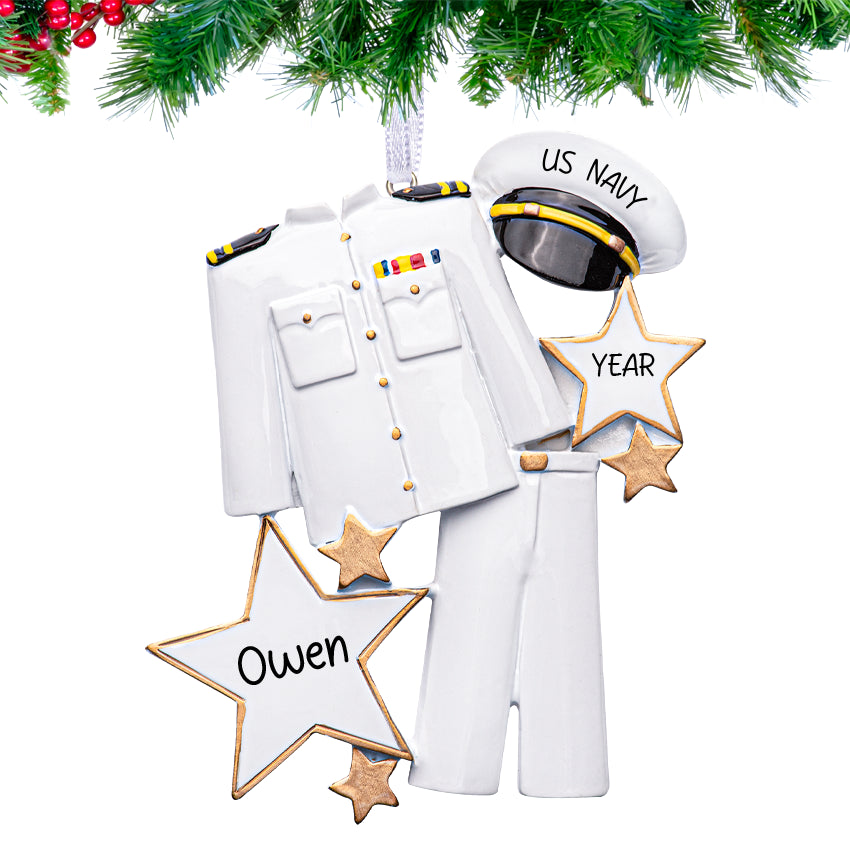 Custom navy uniform Christmas ornament designed to honor Navy service, personalized with a name or rank. A unique holiday keepsake for military families.