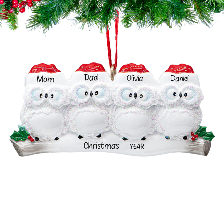 Personalized Wise Owl Family of 4 Christmas Tree Ornament