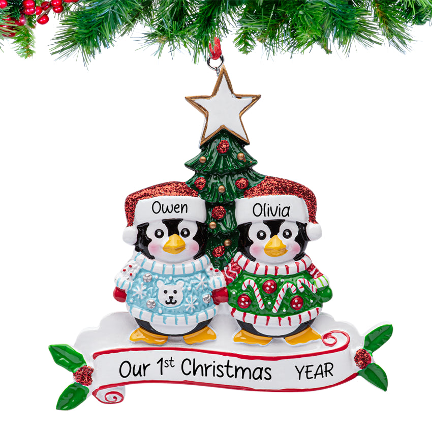Personalized FunnySweater Penguin Couple Christmas Ornament