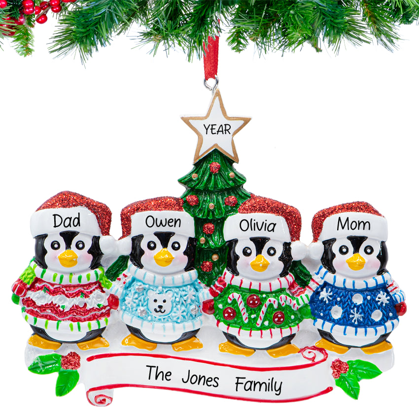 Personalized Ugly Sweater Penguin Family of 4 Christmas Ornament