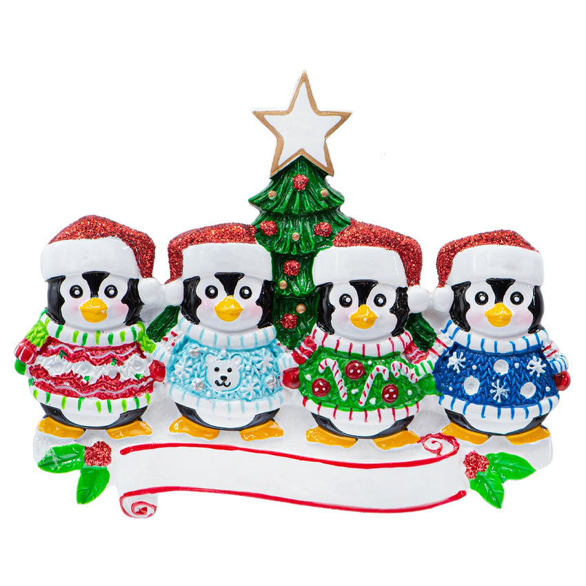 Personalized Ugly Sweater Penguin Family of 4 Christmas Ornament