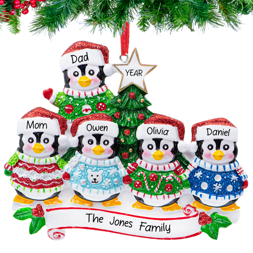 Personalized Ugly Sweater Penguin Family of 5 Christmas Ornament