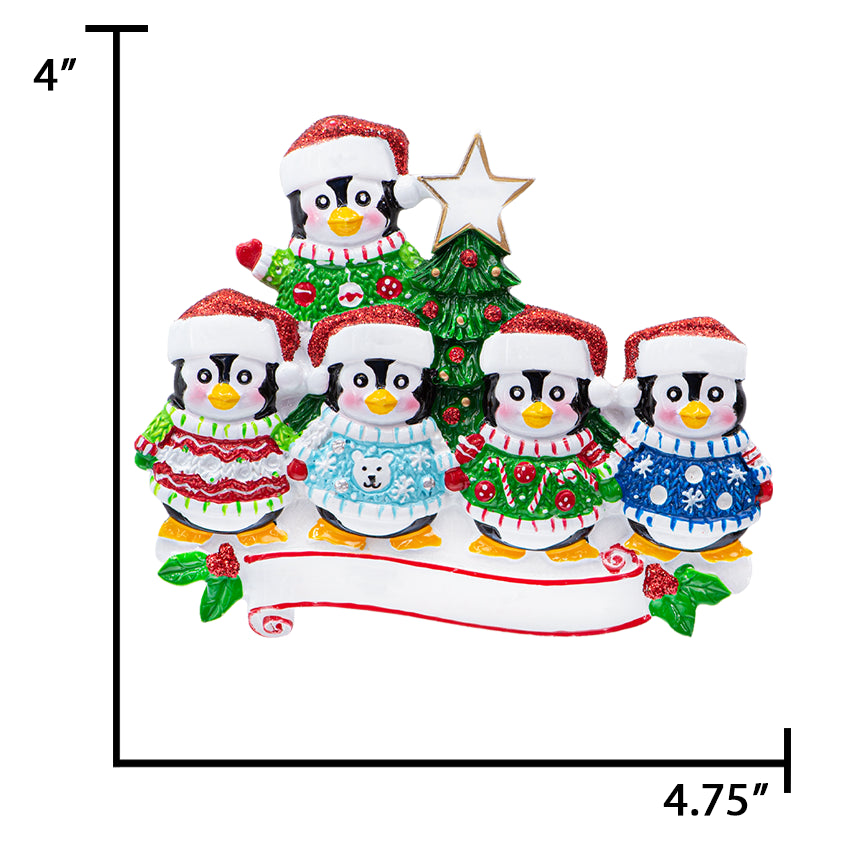 Personalized Ugly Sweater Penguin Family of 5 Christmas Ornament
