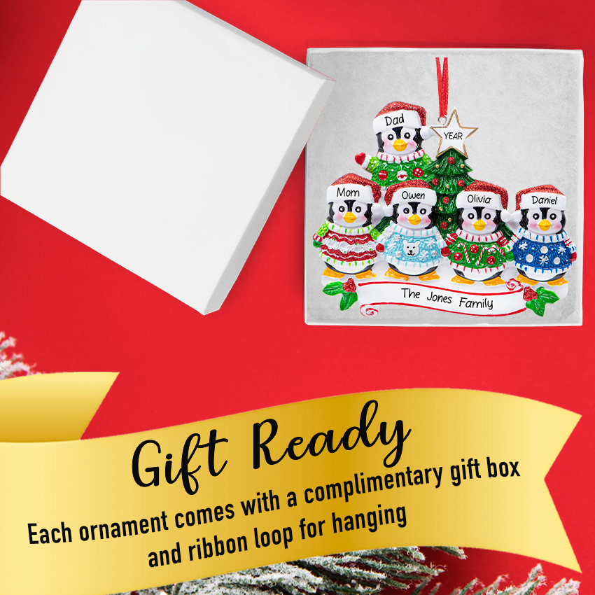Personalized Ugly Sweater Penguin Family of 5 Christmas Ornament