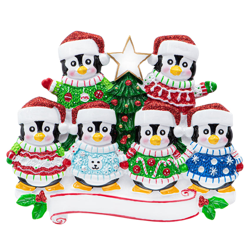 Personalized Ugly Sweater Penguin Family of 6 Christmas Ornament
