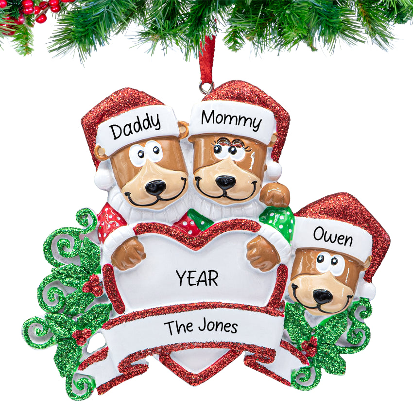 Personalized Brown Bear Family of 3 Christmas Ornament