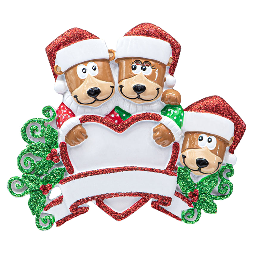 Personalized Brown Bear Family of 3 Christmas Ornament