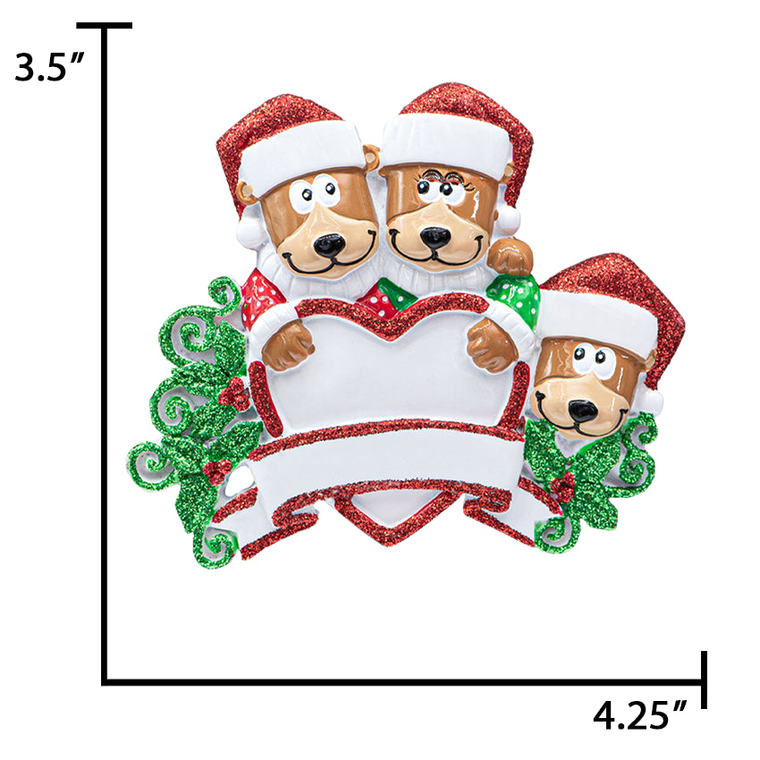 Personalized Brown Bear Family of 3 Christmas Ornament