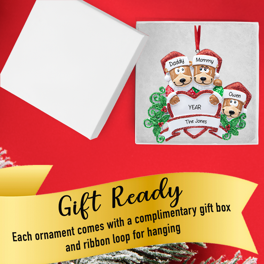 Personalized Brown Bear Family of 3 Christmas Ornament