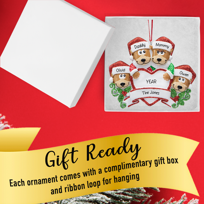 Personalized Brown Bear Family of 4 Christmas Ornament