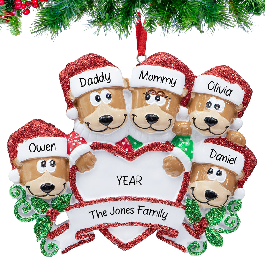 Personalized Brown Bear Family of 5 Christmas Ornament