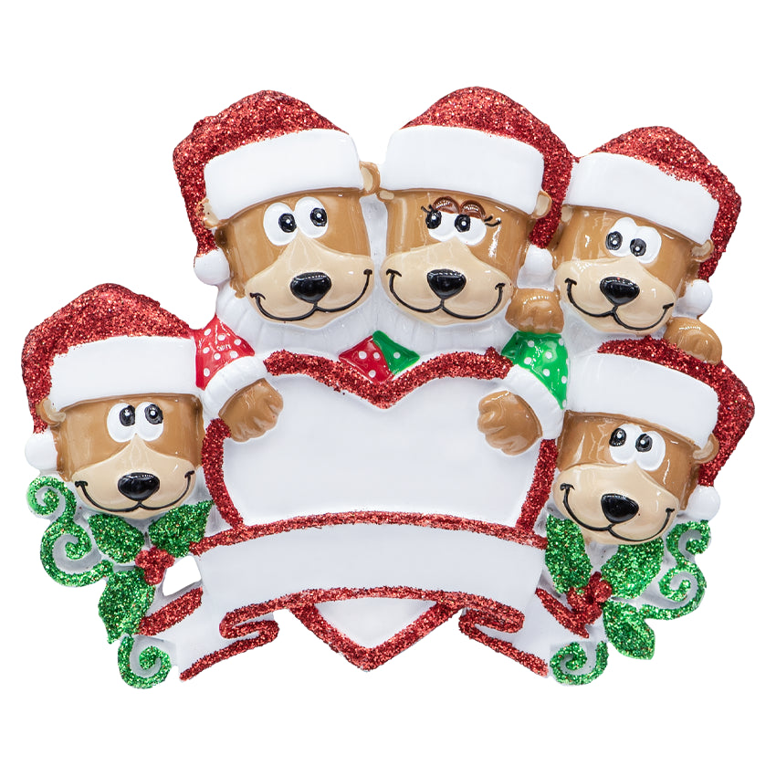 Personalized Brown Bear Family of 5 Christmas Ornament