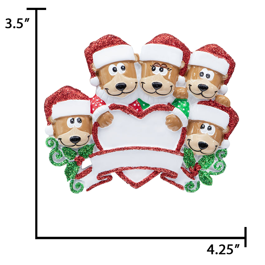 Personalized Brown Bear Family of 5 Christmas Ornament