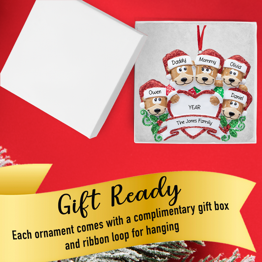 Personalized Brown Bear Family of 5 Christmas Ornament