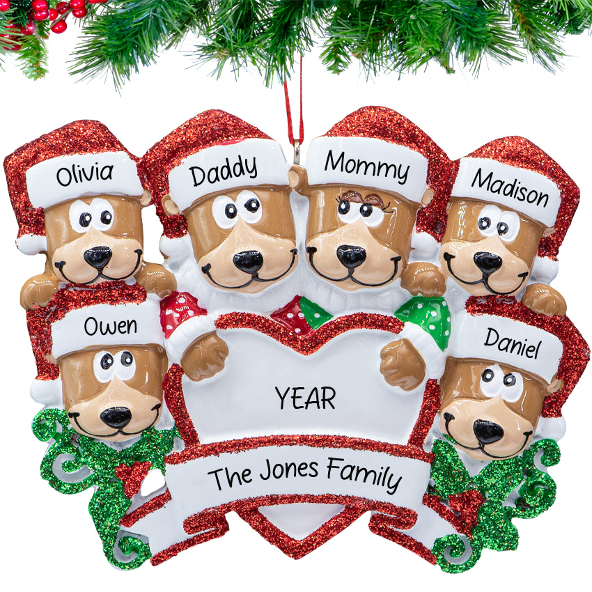Personalized Brown Bear Family of 6 Christmas Ornament