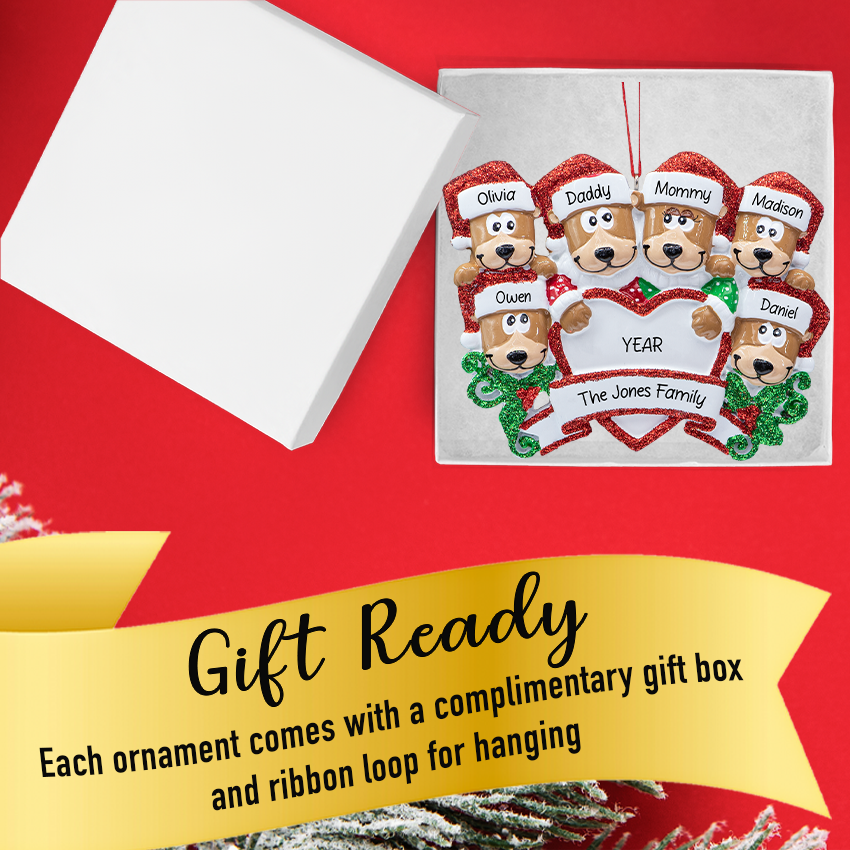 Personalized Brown Bear Family of 6 Christmas Ornament