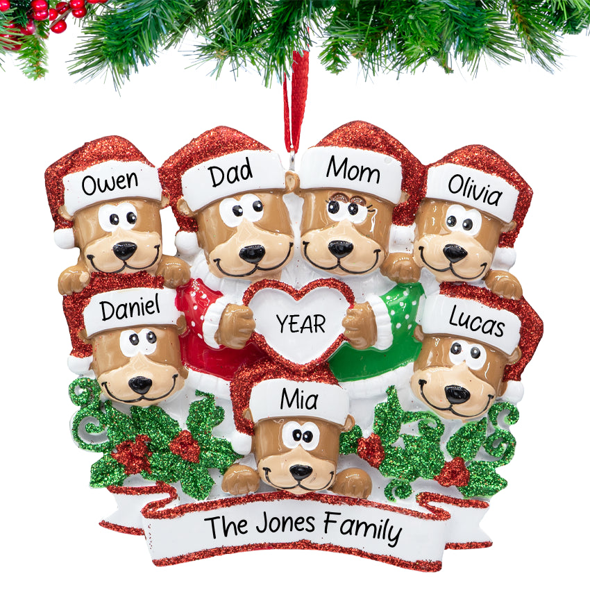Personalized Brown Bear Family of 7 Christmas Ornament