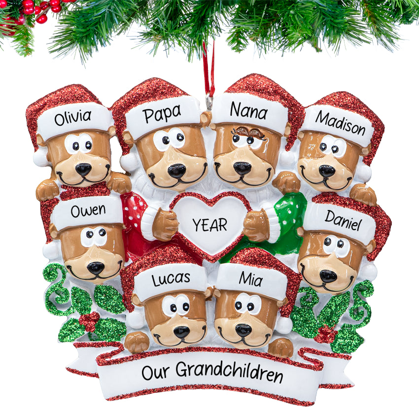 Personalized Brown Bear Family of 8 Christmas Ornament