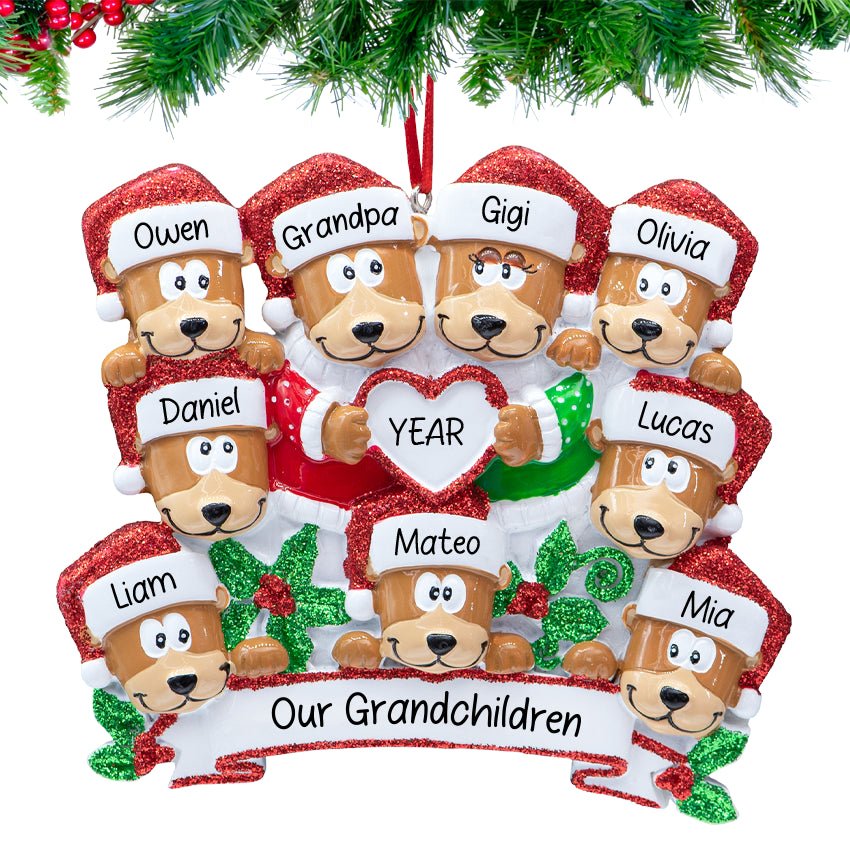 Personalized Family of 9 Christmas Ornament hanging on christmas three