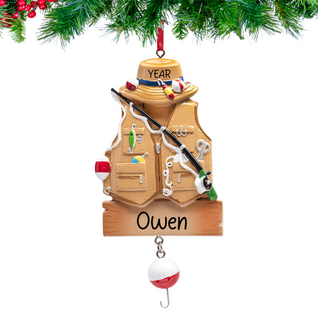 Custom Christmas keepsake featuring a fisherman jacket, a unique keepsake for fishing enthusiasts.