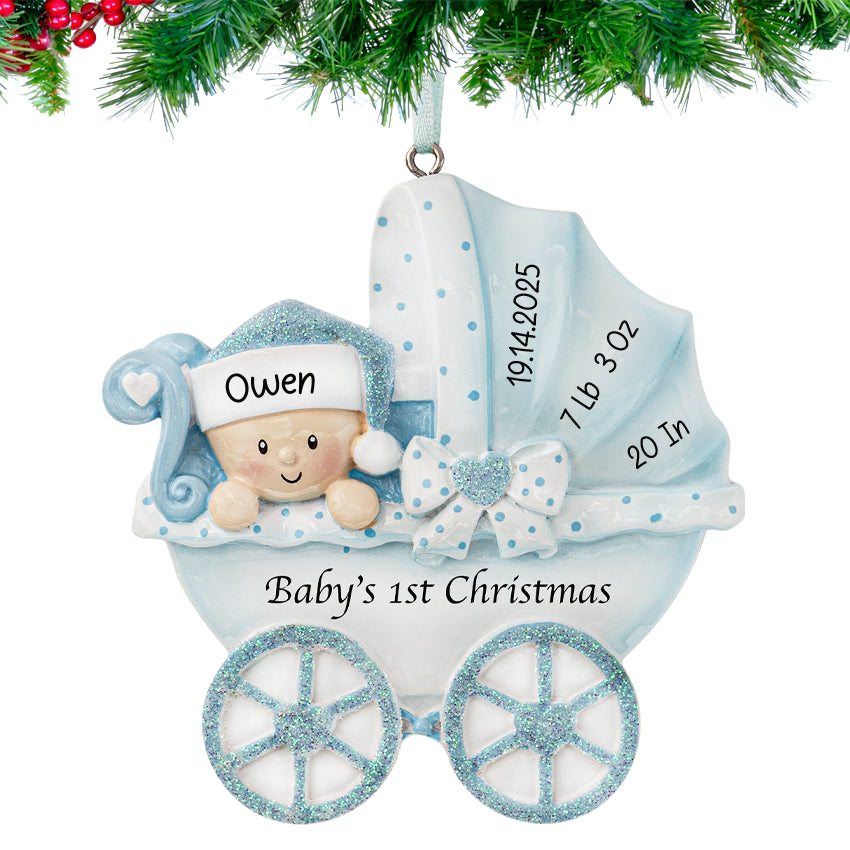 Personalized Christmas ornaments featuring a baby boy carriage, a unique keepsake for his Christmas.