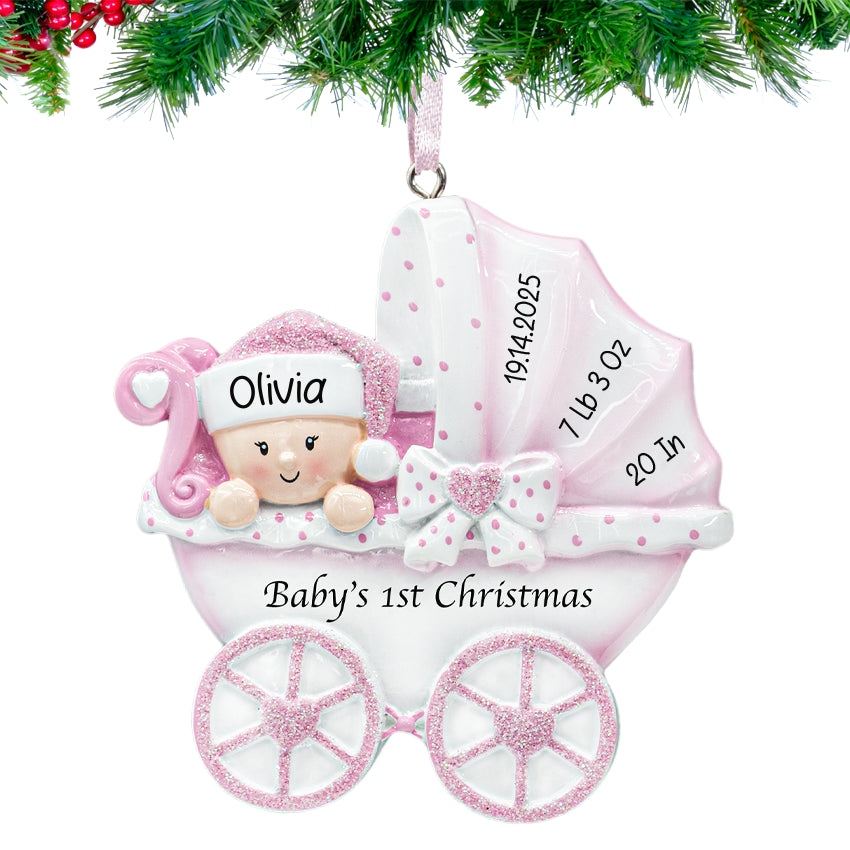 Personalized Christmas ornaments featuring a baby girl carriage, a unique keepsake for her holiday.