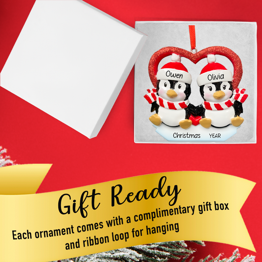Custom Our First Christmas Together Ornament - Penguin Couple with Heart