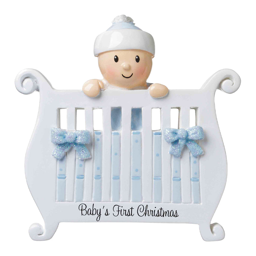 Personalized Baby's First Christmas Ornament - Baby Boy in Crib