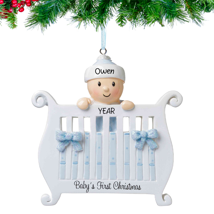 Personalized baby's first Christmas ornaments with custom names and designs, ideal for celebrations.