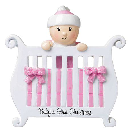 Personalized Baby's First Christmas Ornament - Baby Girl in Crib