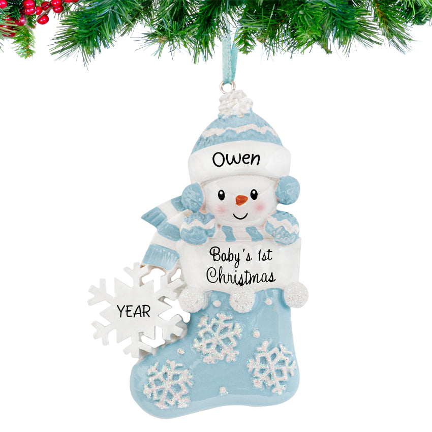 Customized boy baby's first Christmas stocking snowbaby ornament, perfect for celebrating holiday.