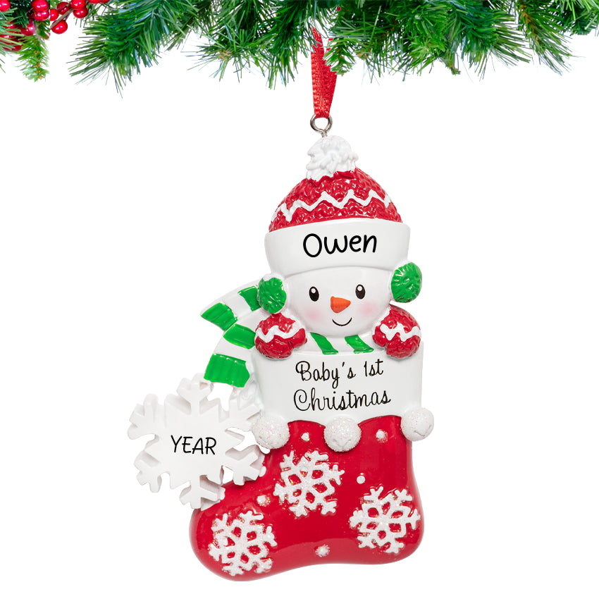 Personalized baby's first Christmas ornaments with custom name and date, perfect for commemorating a precious holiday milestone.
