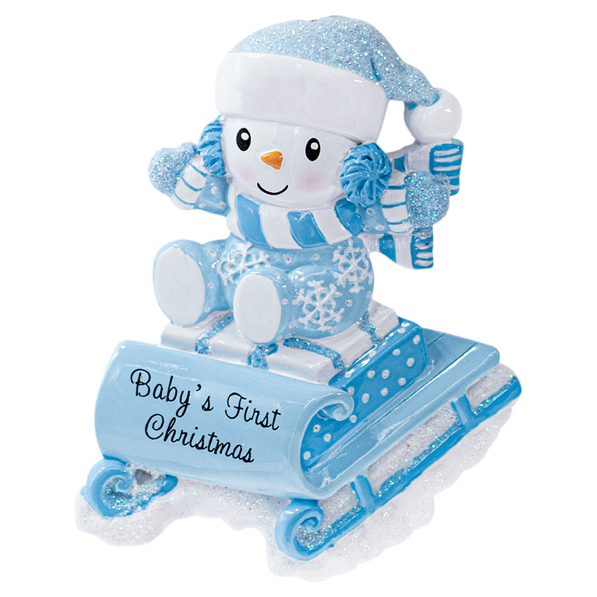Personalized Baby's First Christmas Ornament Boy - Snowbaby on Sled