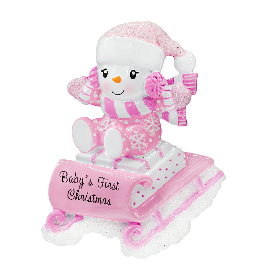 Personalized Baby's First Christmas Ornament Girl- Snowbaby on Sled