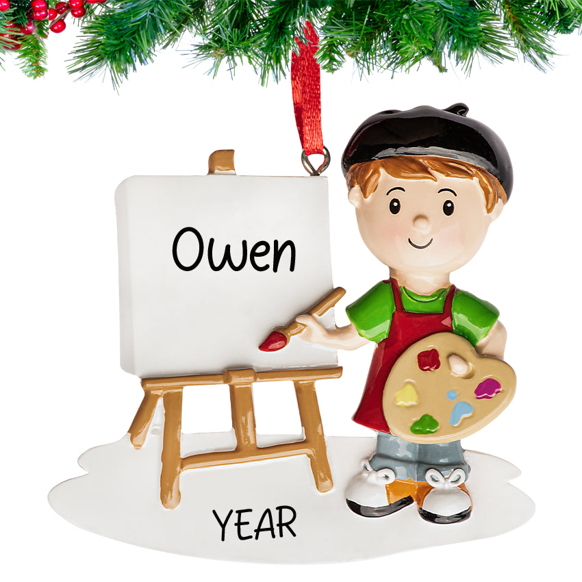Personalized artist painting boy Christmas ornament, perfect for celebrating young artists.