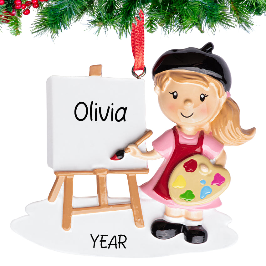Personalized artist painting girl ornament, a charming keepsake for young art lovers.