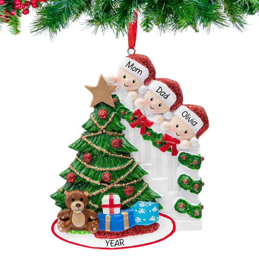 Personalized Present Peeking Family of 3 Christmas Ornament