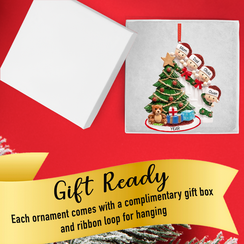Personalized Present Peeking Family of 4 Christmas Ornament
