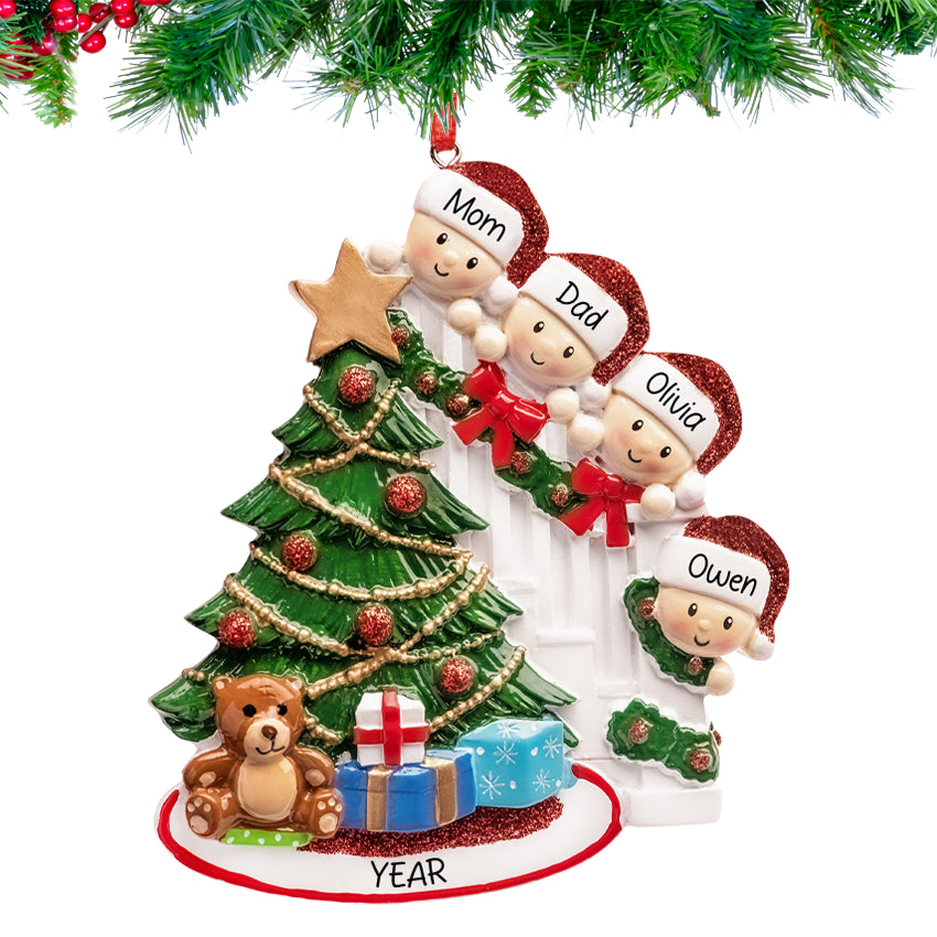 Personalized Present Peeking Family of 4 Christmas Ornament