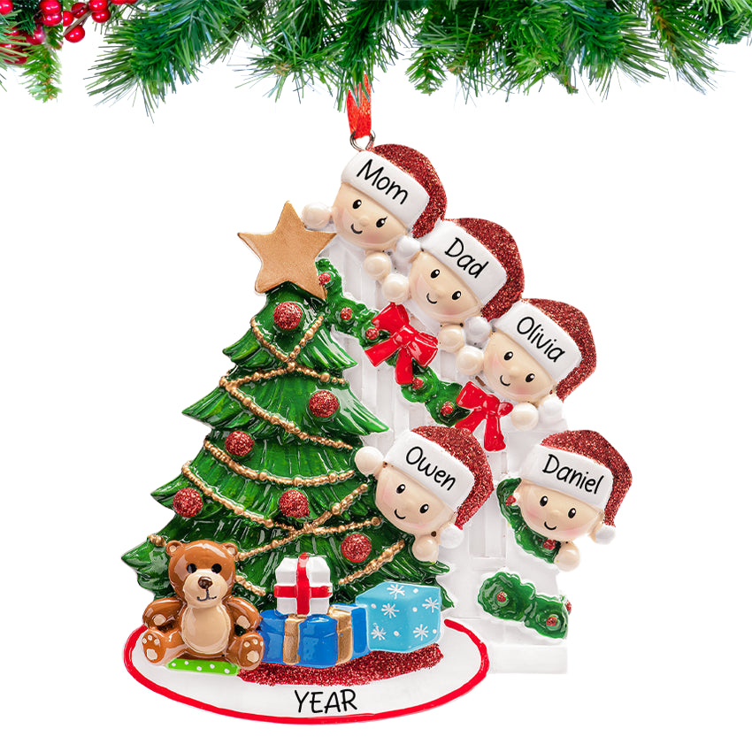 Personalized Present Peeking Family of 5 Christmas Ornament