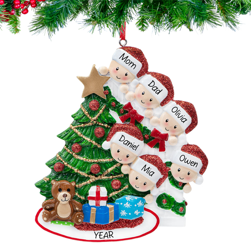 Personalized Present Peeking Family of 6 Christmas Ornament