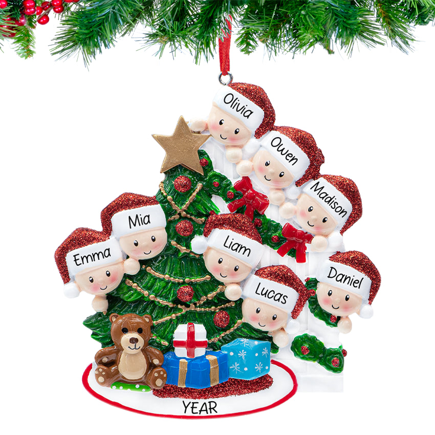Personalized Present Peeking Family of 8 Christmas Ornament